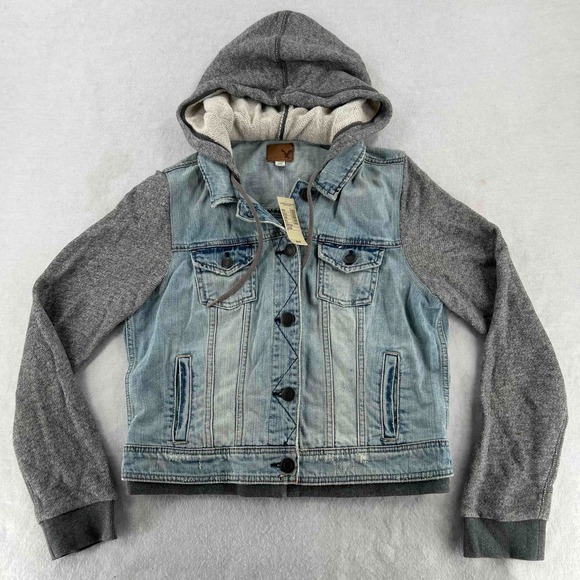 NWT American Eagle Women's Denim Jacket Hoodie Knit Sleeves Blue Gray Size L - Picture 1 of 12